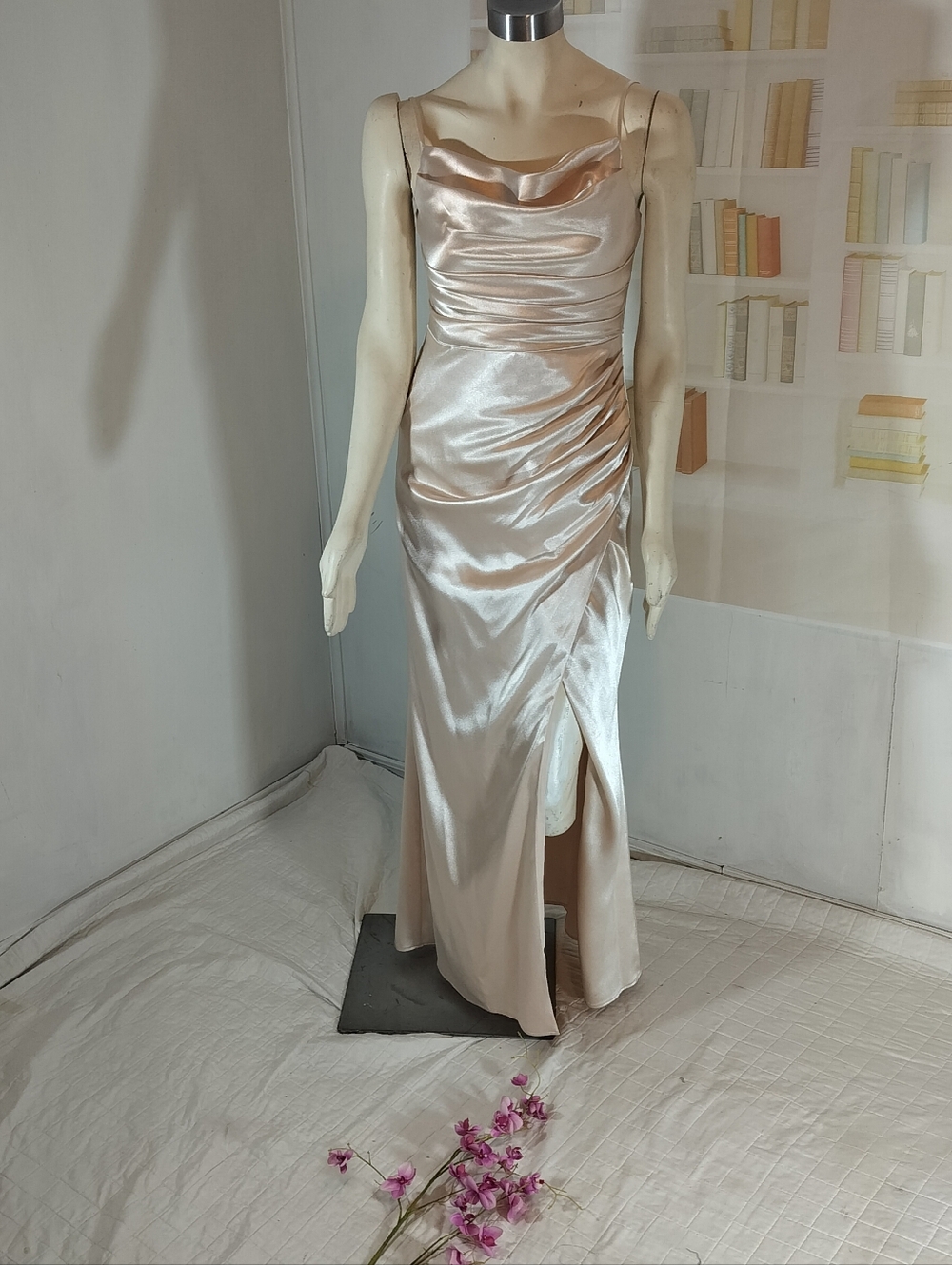 Birdy Grey Satin Cowl Slip Dress in Champagne